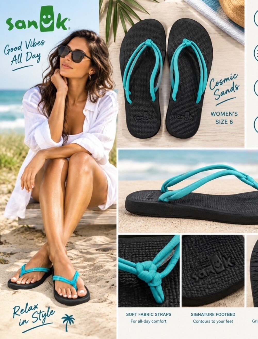 Sanuk Women's Cosmic Sands Flip Flops - Black with Teal Straps Size 6